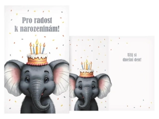 Narozeninové přání Roztomilý slon s dortem