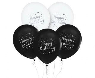 Latexové balonky bílá-černá Happy Birthday - 30 cm - 5 ks