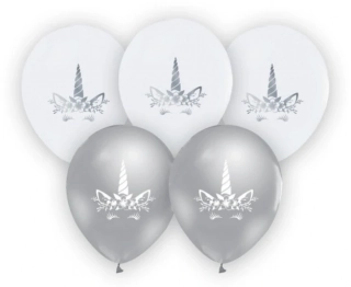 Latexové balonky stříbrná - bílá Jednorožec 30 cm - 5 ks