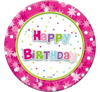 Papírové talířky ,,Happy Birthday" růžové 18cm 6ks