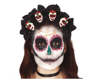 Čelenka na Halloween černé růže a lebky Día de los Muertos