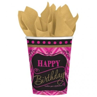 Papírové kelímky Pink Chevron Happy Birthday 8 ks