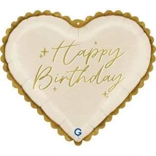 Fóliový balónek Srdce s krajkou Happy Birthday krémové 46 cm